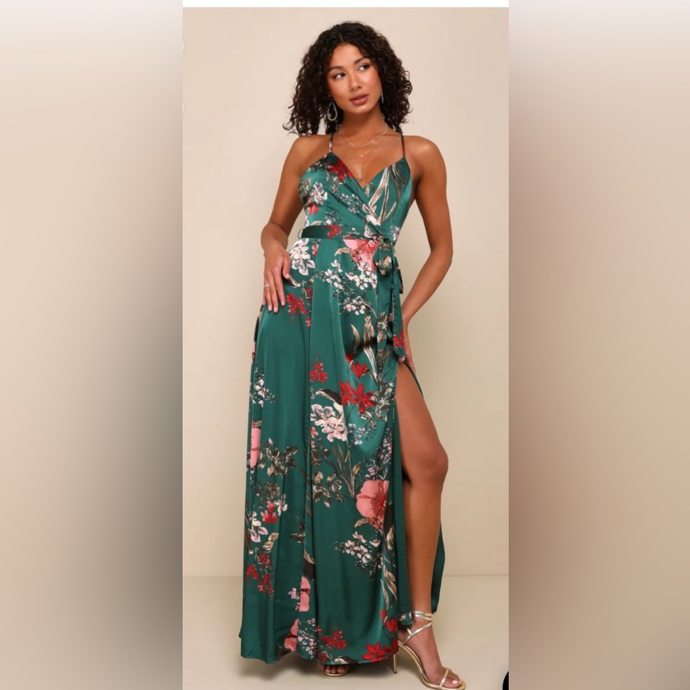Lulus Still the One Emerald Green Floral Print Satin Maxi Dress Like New, Size M